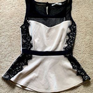 Danbee Tan & Black Peplum Top Size S